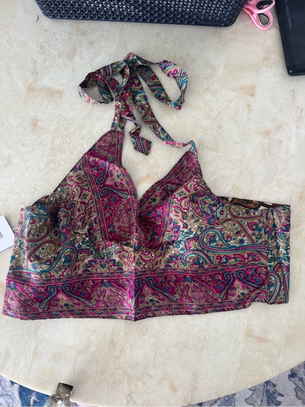 Paisley Halter Crop Top in Magenta and Teal